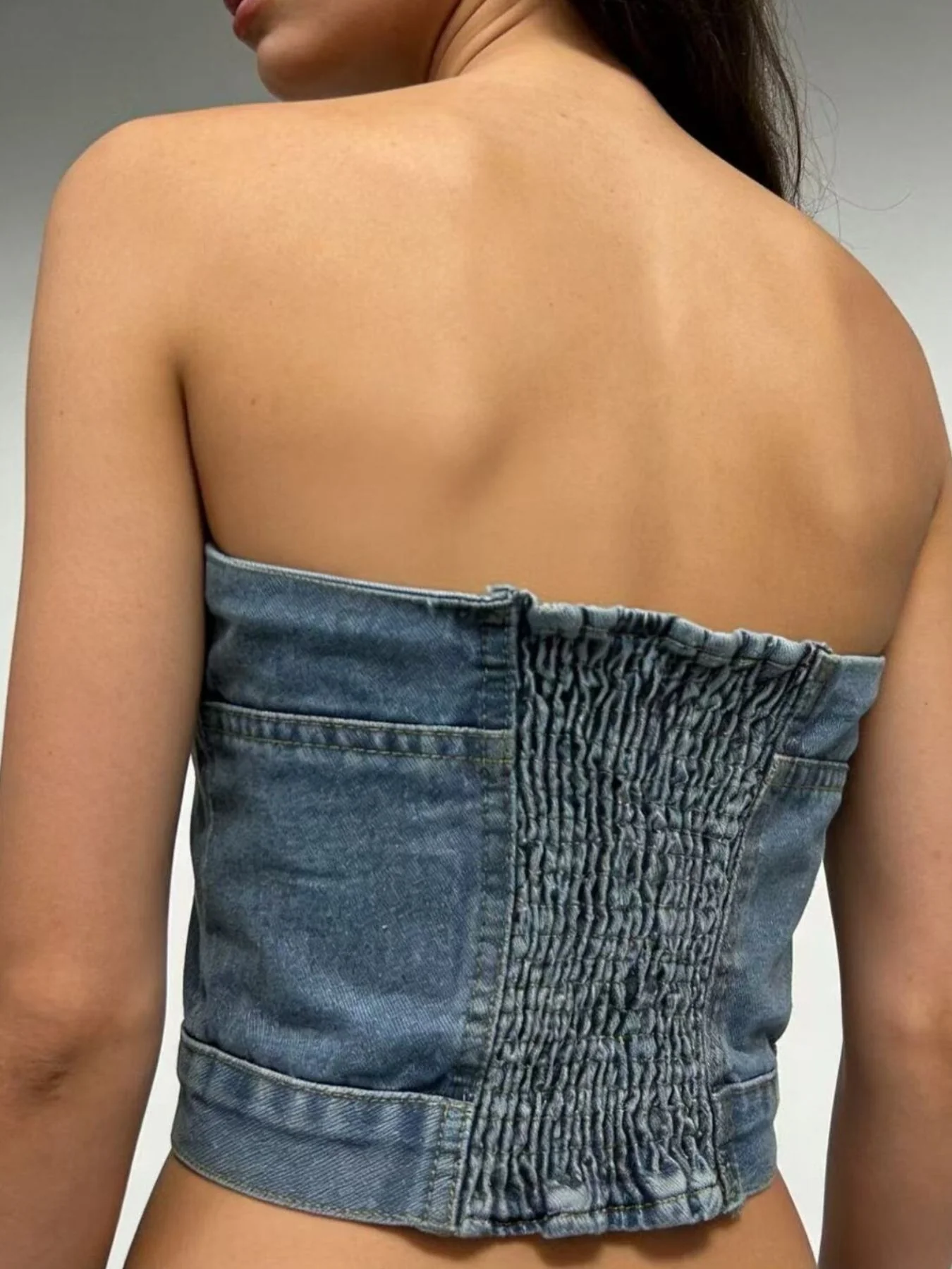 Button-Front Denim Tube Top - Image 10