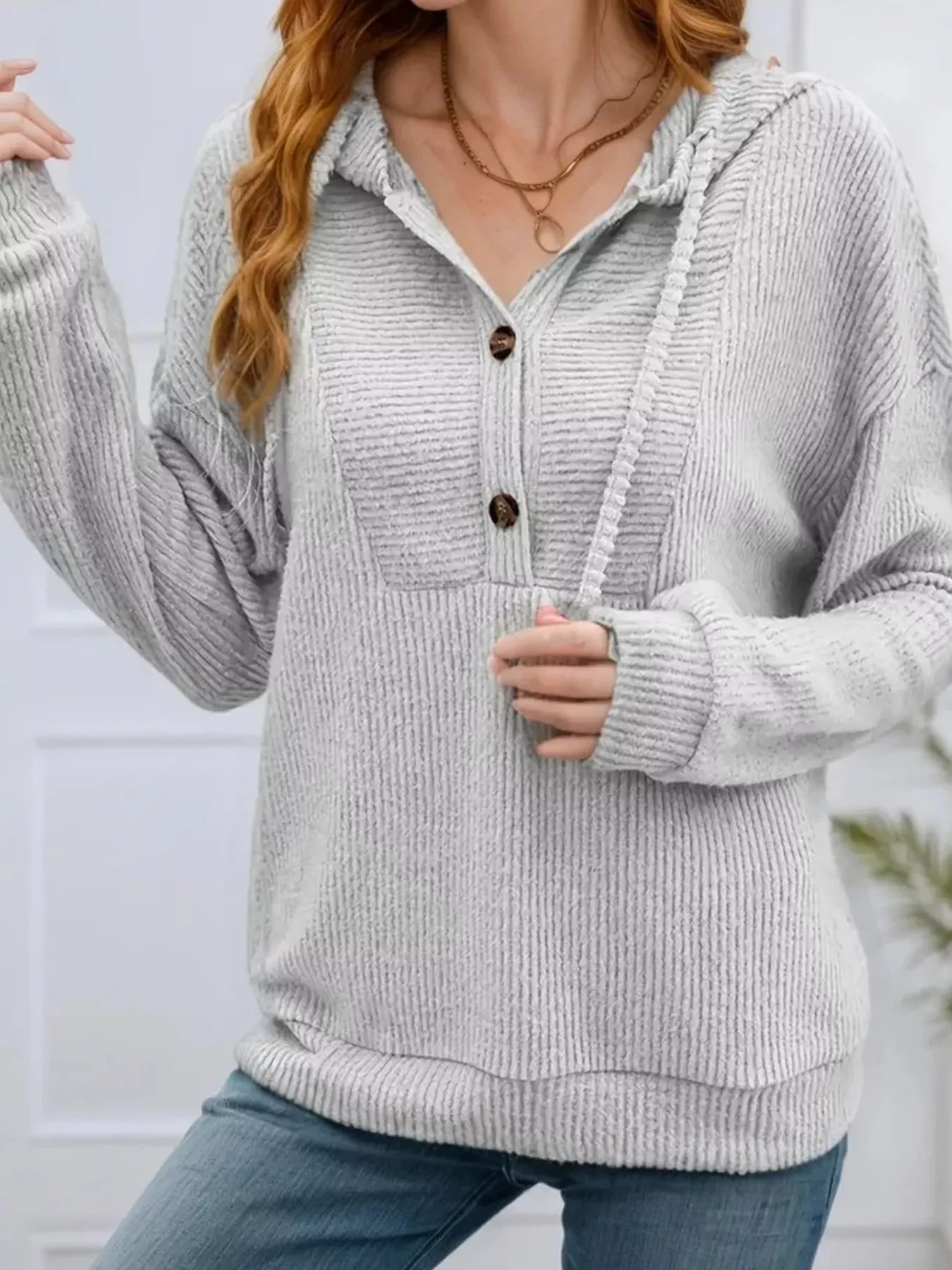 Button-Front Drawstring Hoodie - Image 20