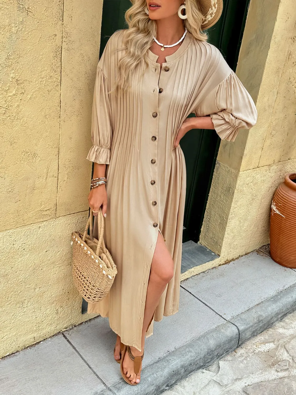 Button Front Flounce Sleeve Dress - Image 6