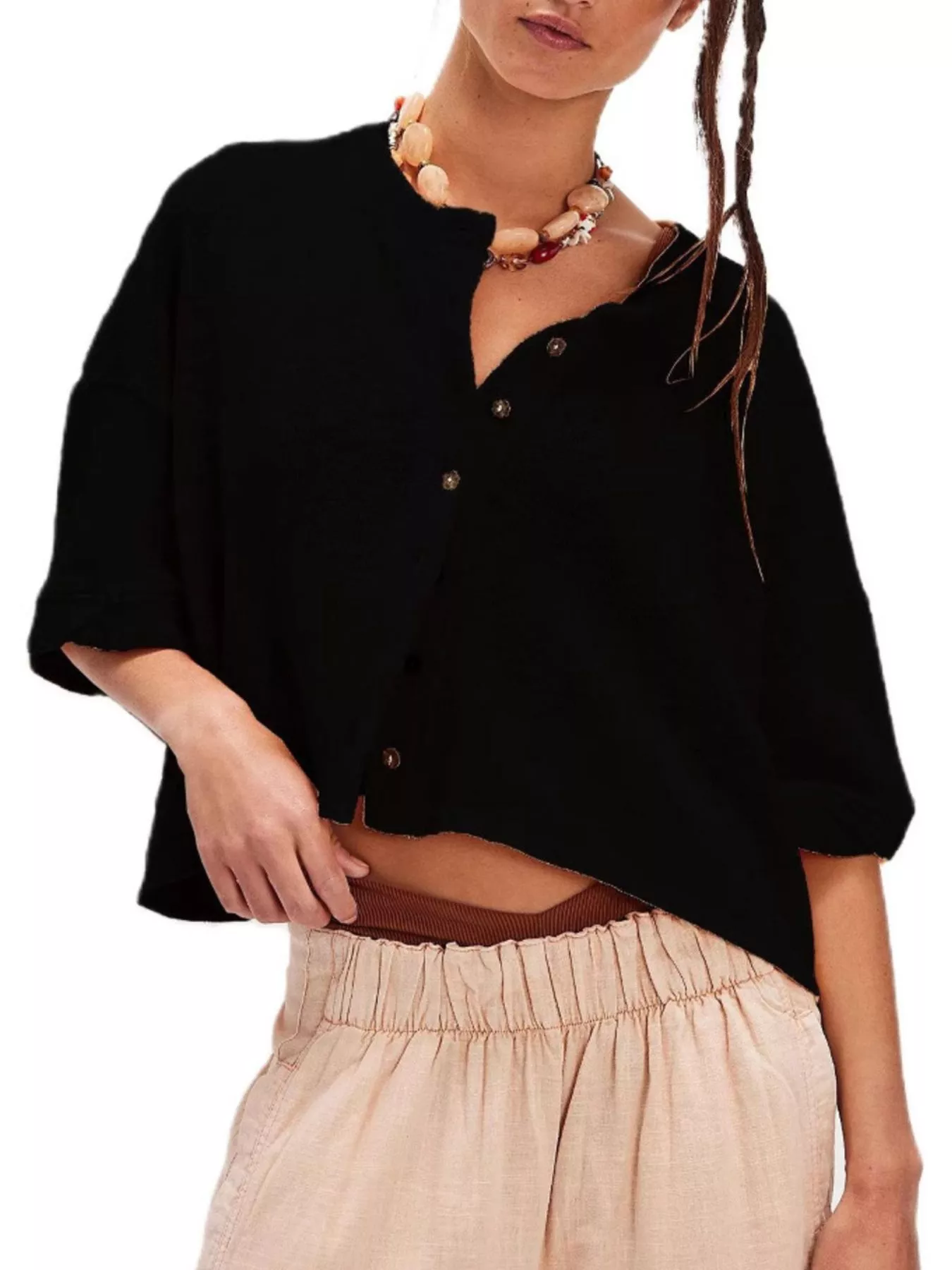 Button-Front Half Sleeve Cardigan - Image 5