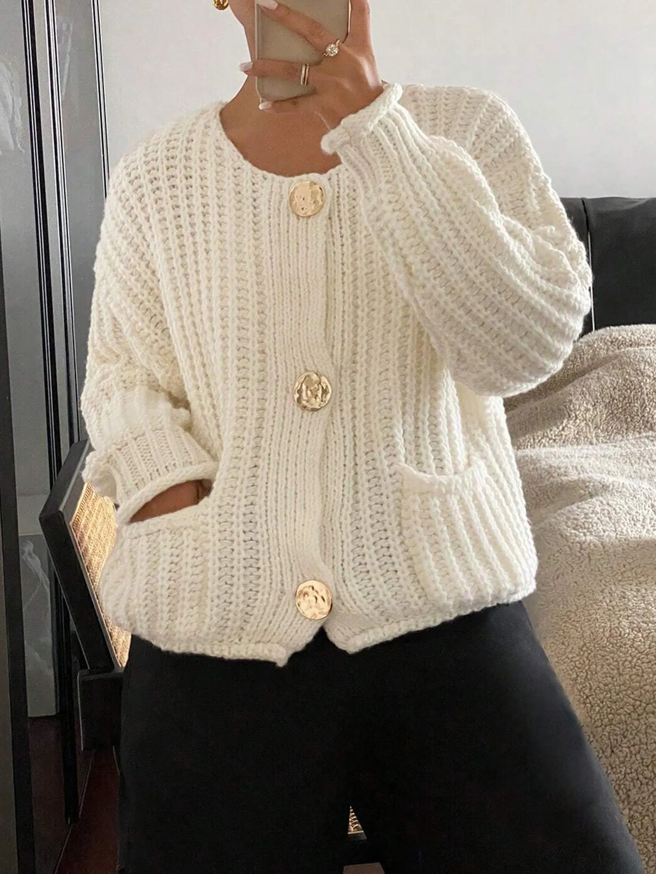 Button-Front Knit Cardigan with Pockets - Image 3