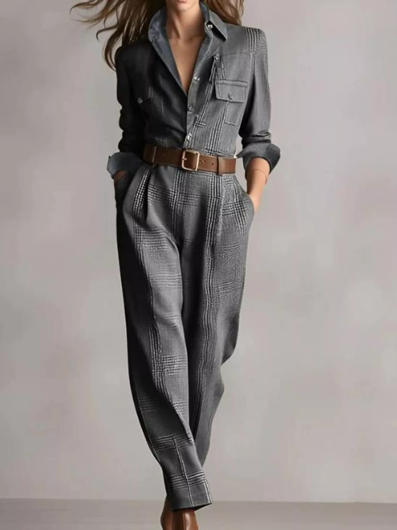 Button Front Long Sleeve Jumpsuit - Image 4