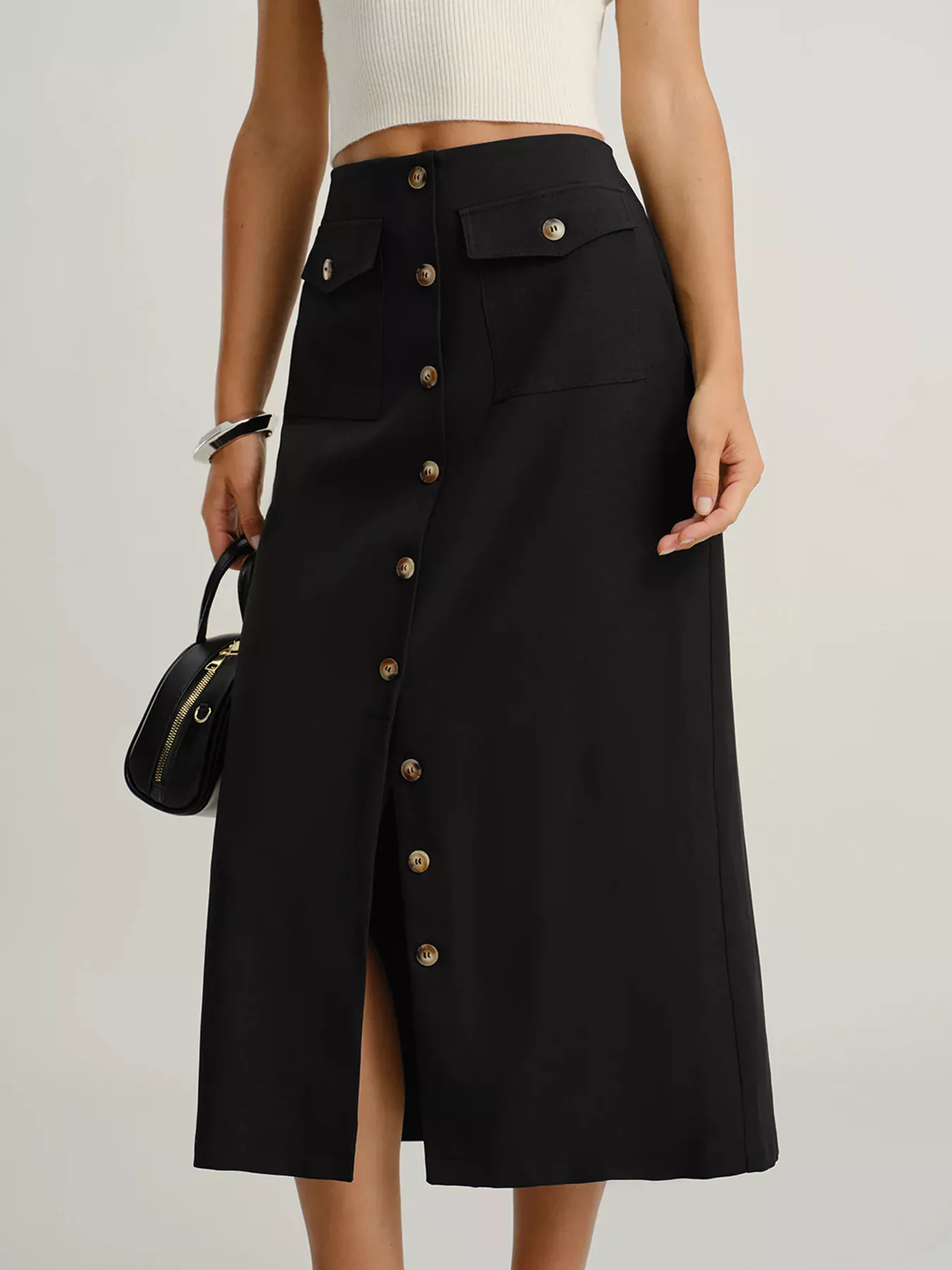 Button-Front Midi Skirt with Pockets - Image 2