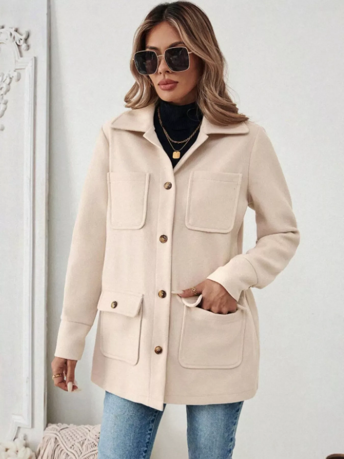 Button-Front Pocketed Long Sleeve Outerwear - Image 3