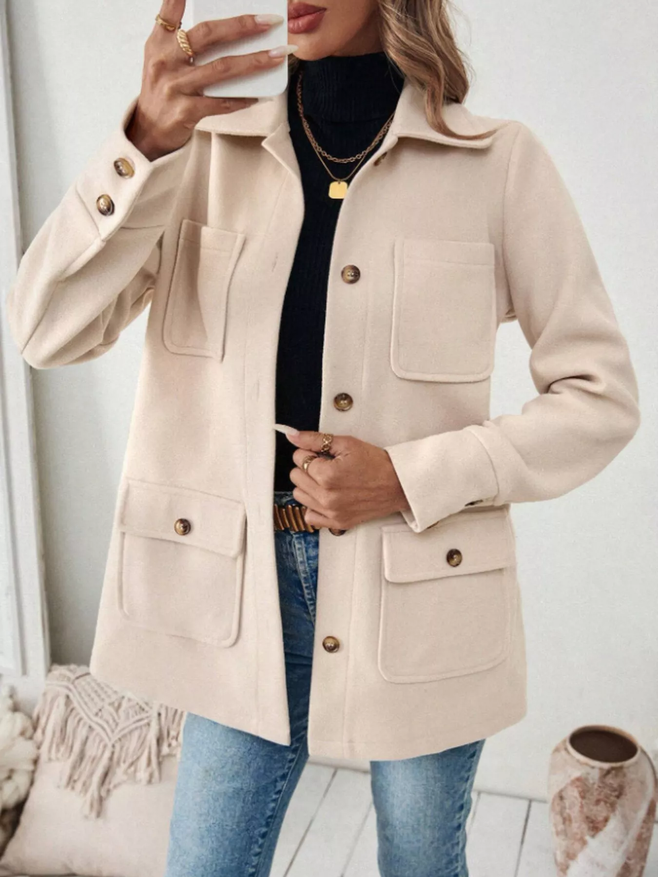 Button-Front Pocketed Long Sleeve Outerwear - Image 4