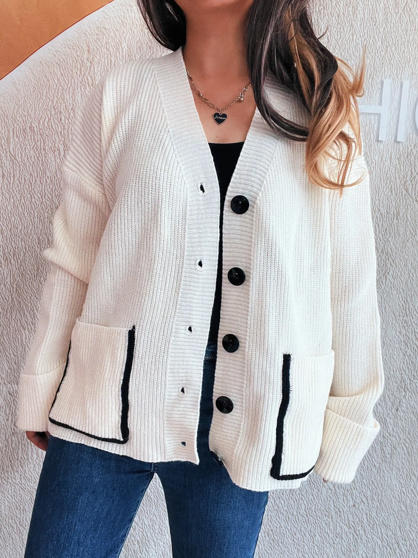 Button-Front Ribbed Cardigan with V-Neck - Image 3