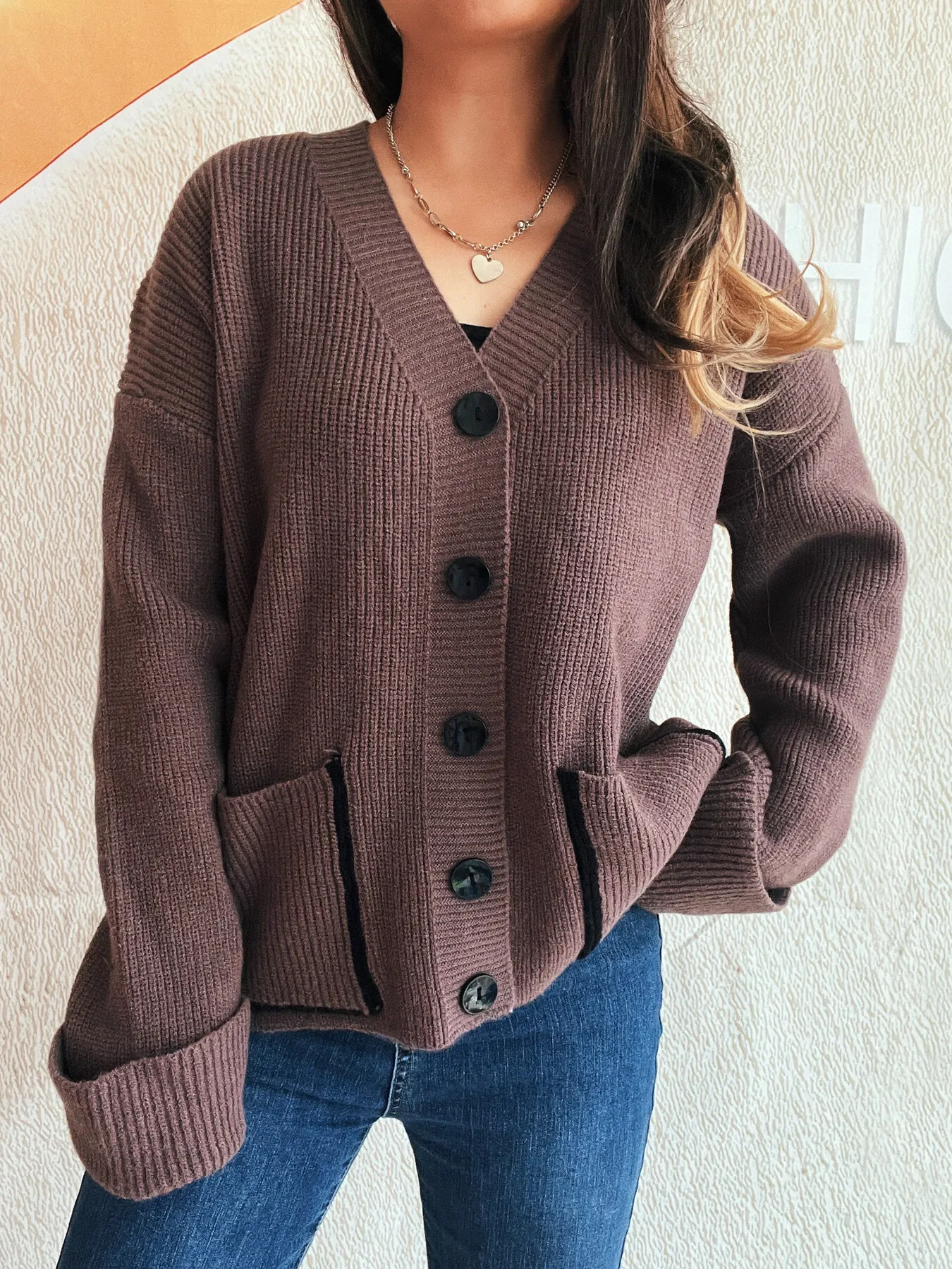 Button-Front Ribbed Cardigan with V-Neck - Image 6