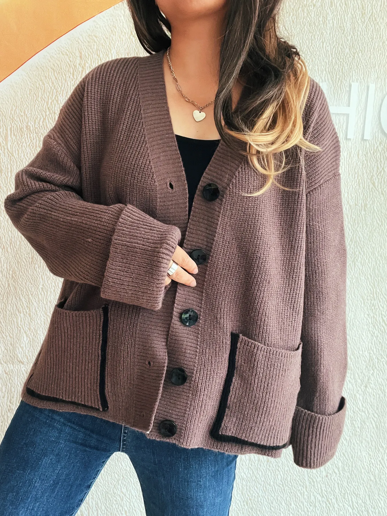 Button-Front Ribbed Cardigan with V-Neck - Image 9