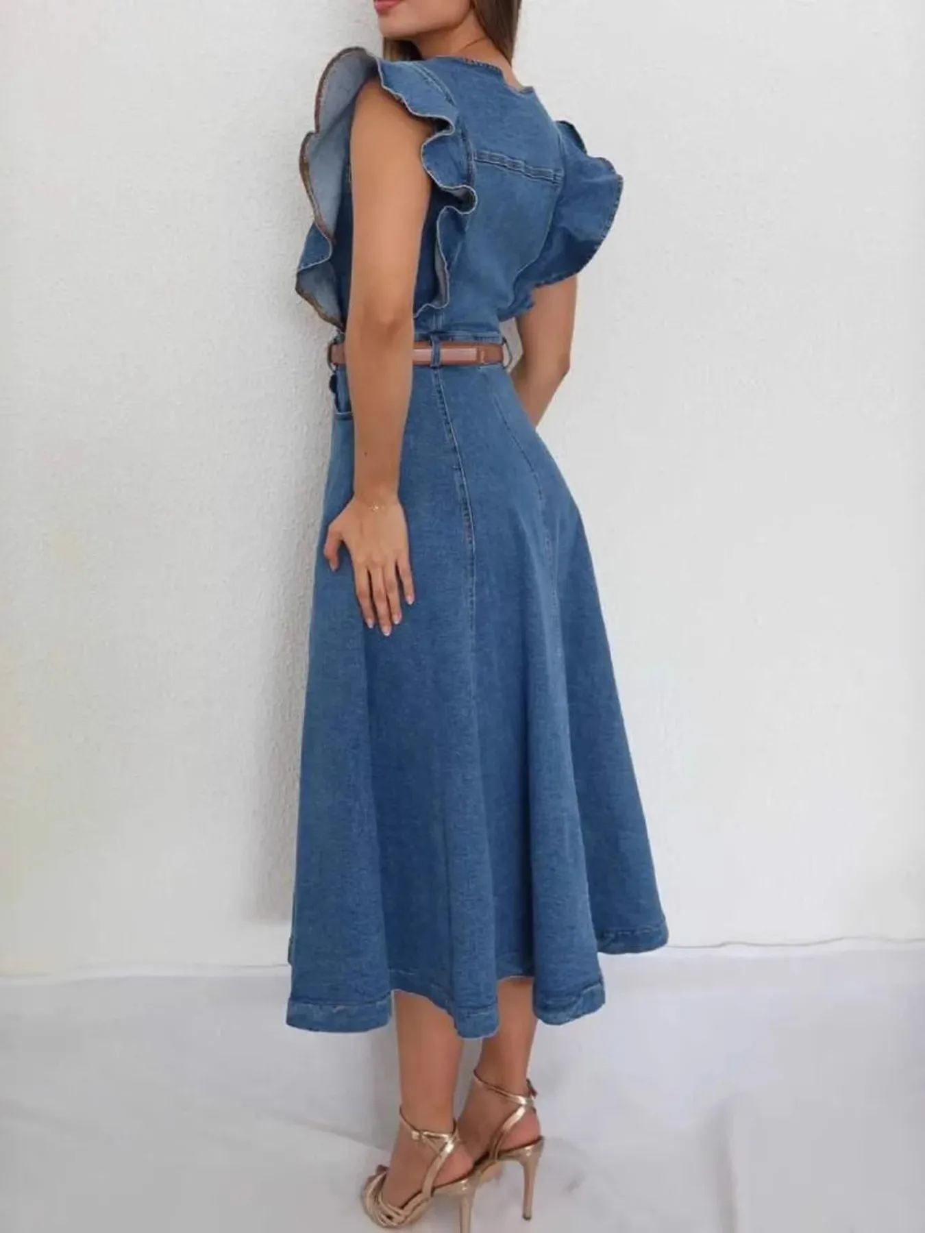 Button-Front Ruffle Sleeve Denim Midi Dress - Image 3