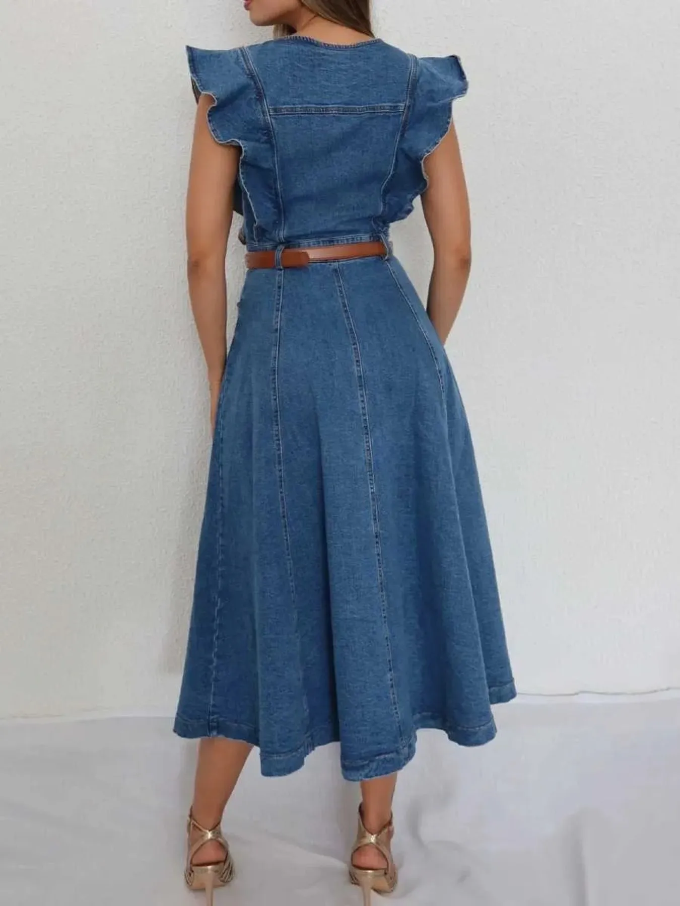 Button-Front Ruffle Sleeve Denim Midi Dress - Image 4