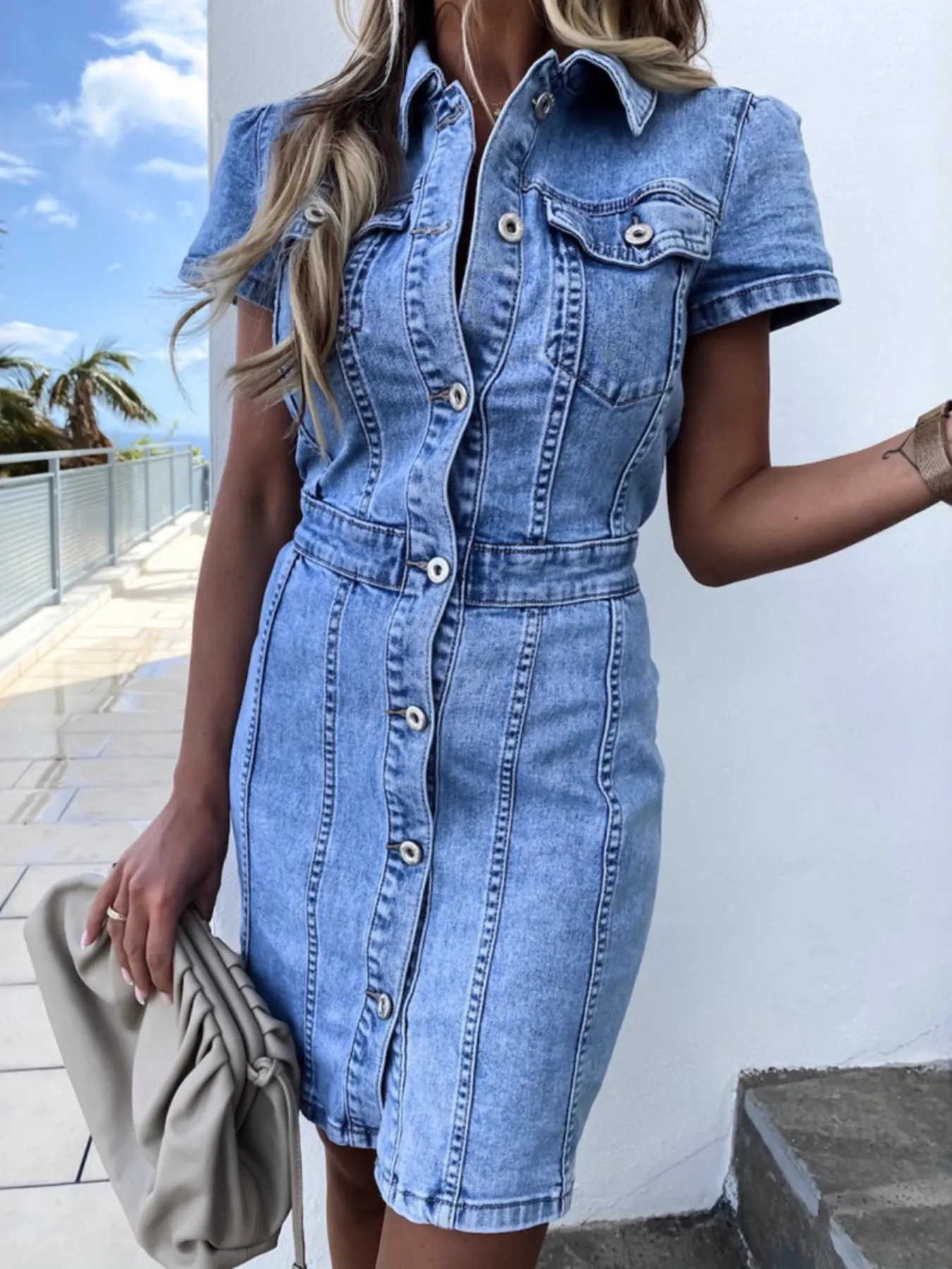 Button Front Short Sleeve Denim Dress - Image 2