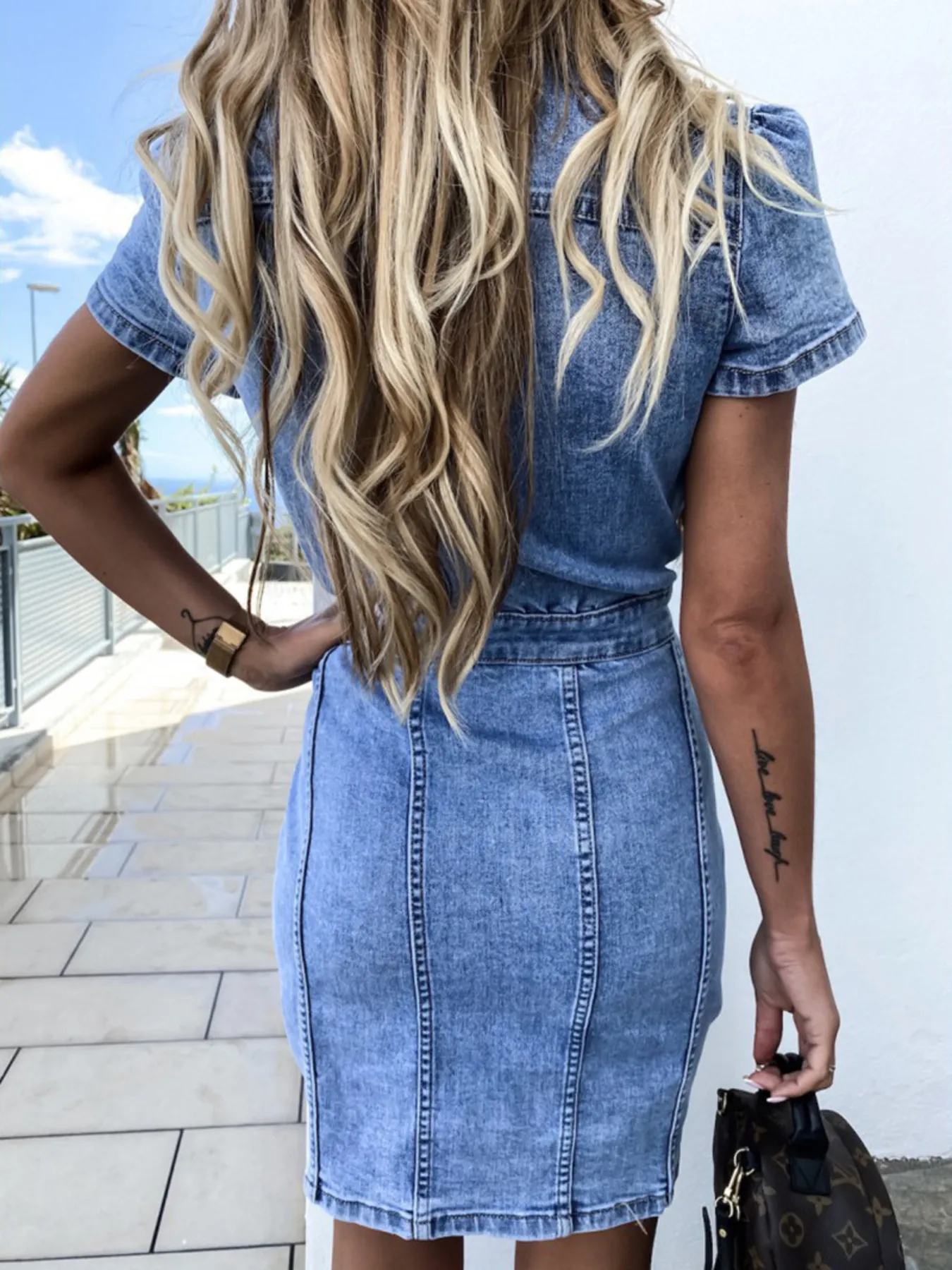 Button Front Short Sleeve Denim Dress - Image 3