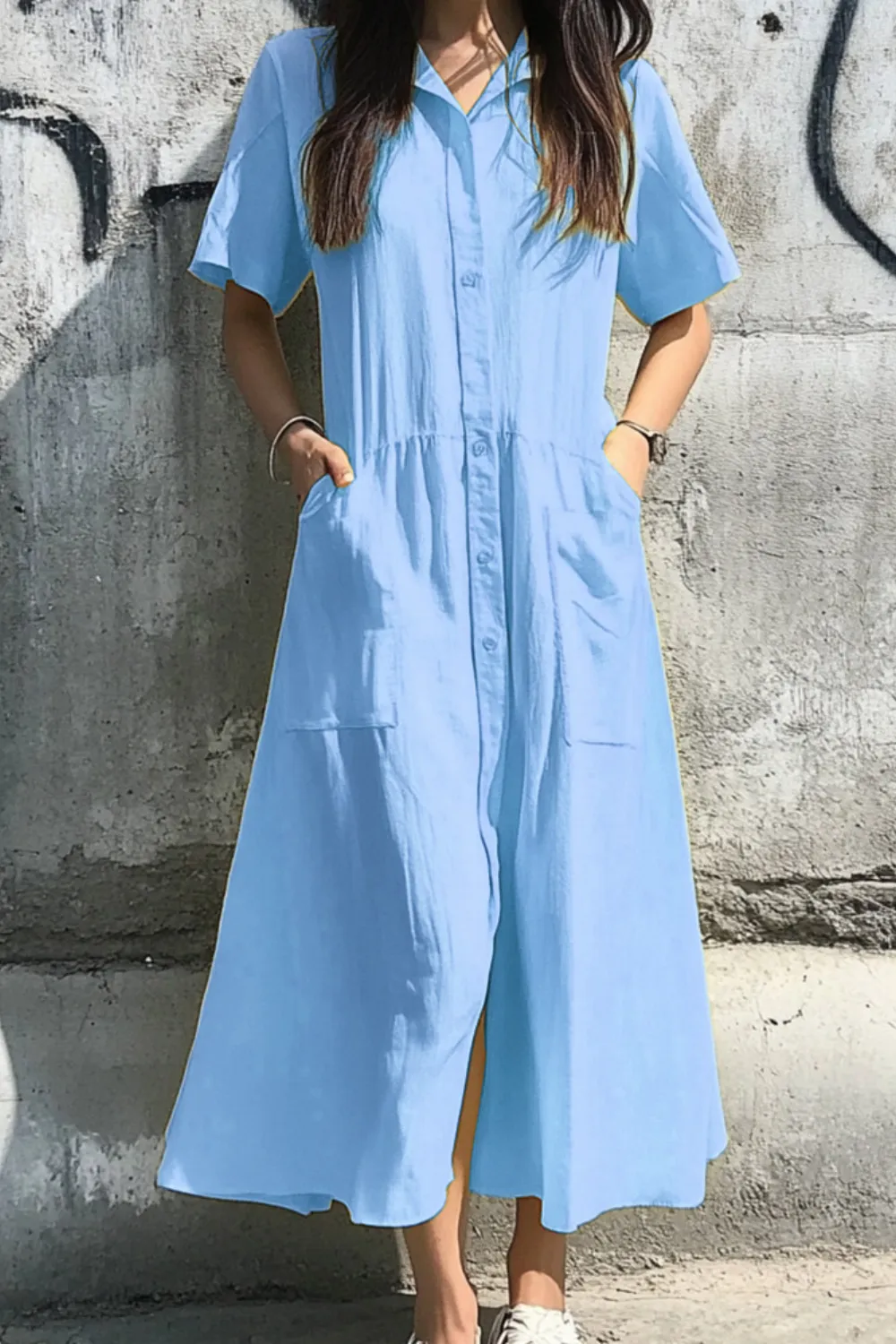 Button Front Short Sleeve Midi Dress - Image 4
