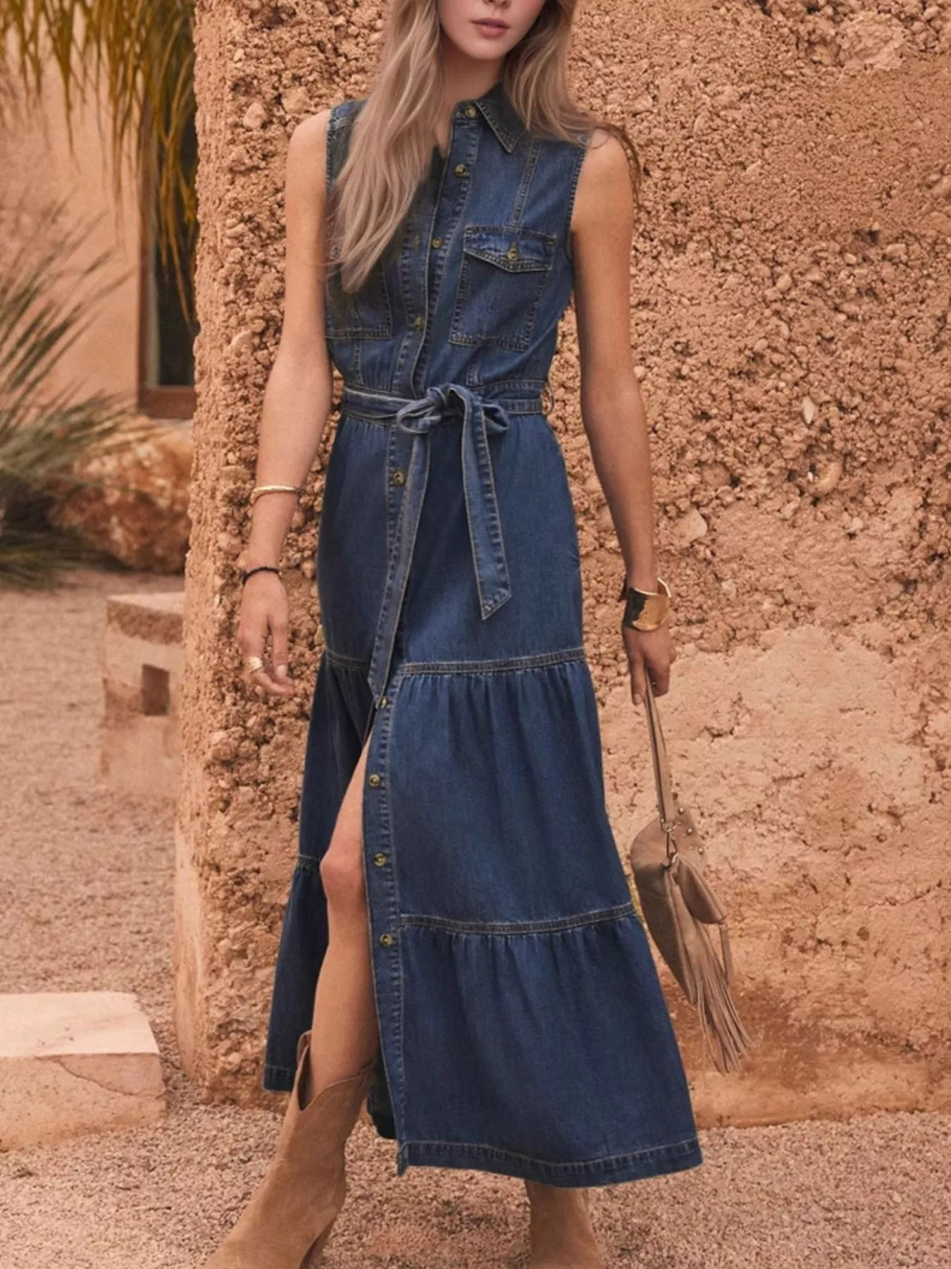 Button Front Sleeveless Denim Dress - Image 2