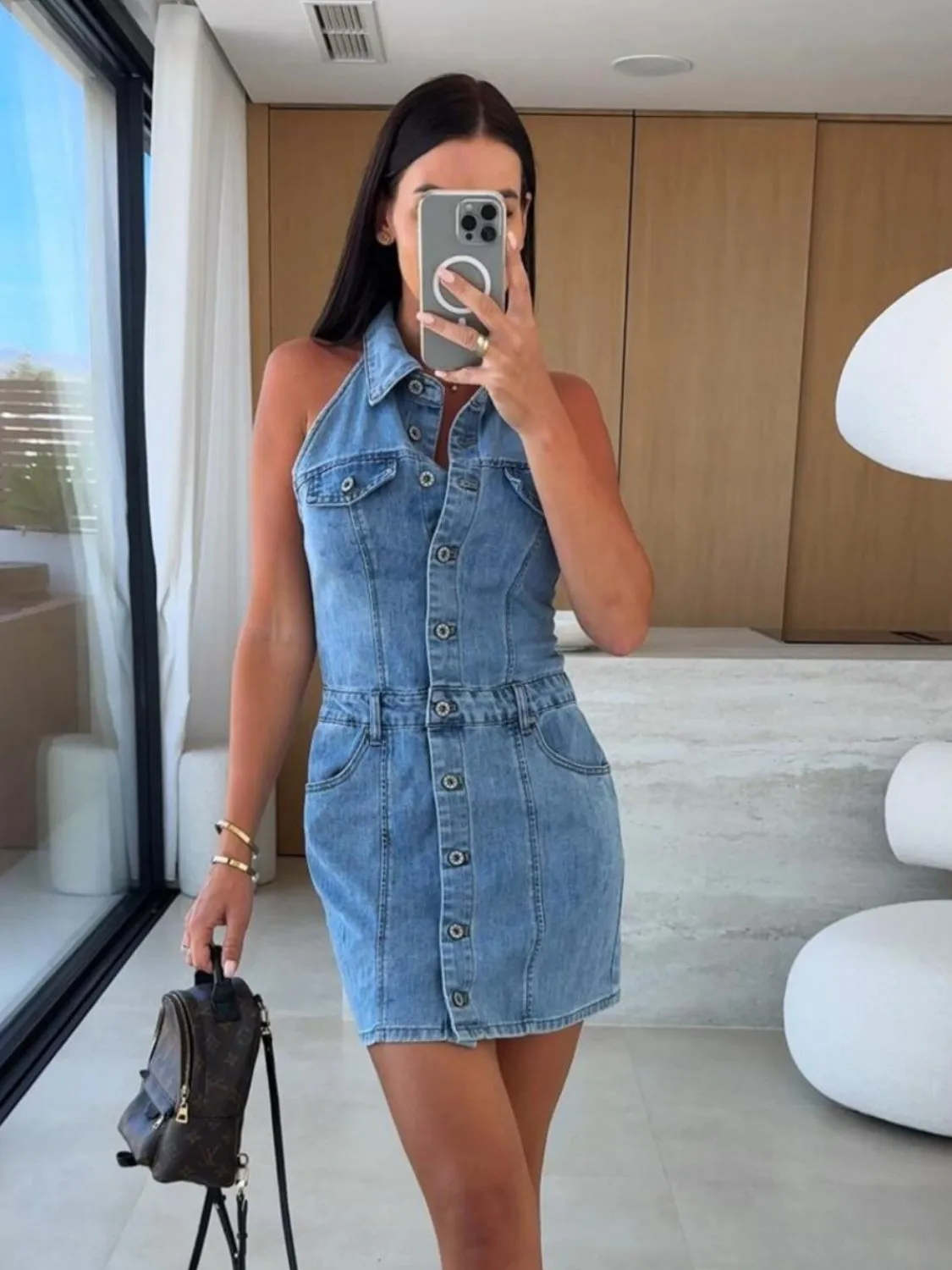 Button Front Sleeveless Denim Mini Dress - Image 4