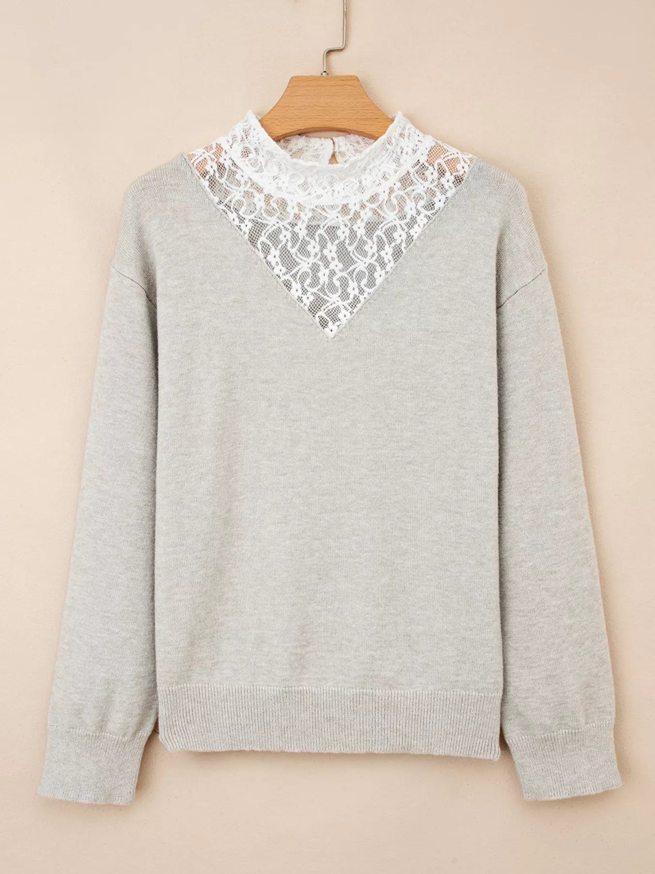 Button Keyhole Lace Patchwork Drop Shoulder Sweater - Image 2