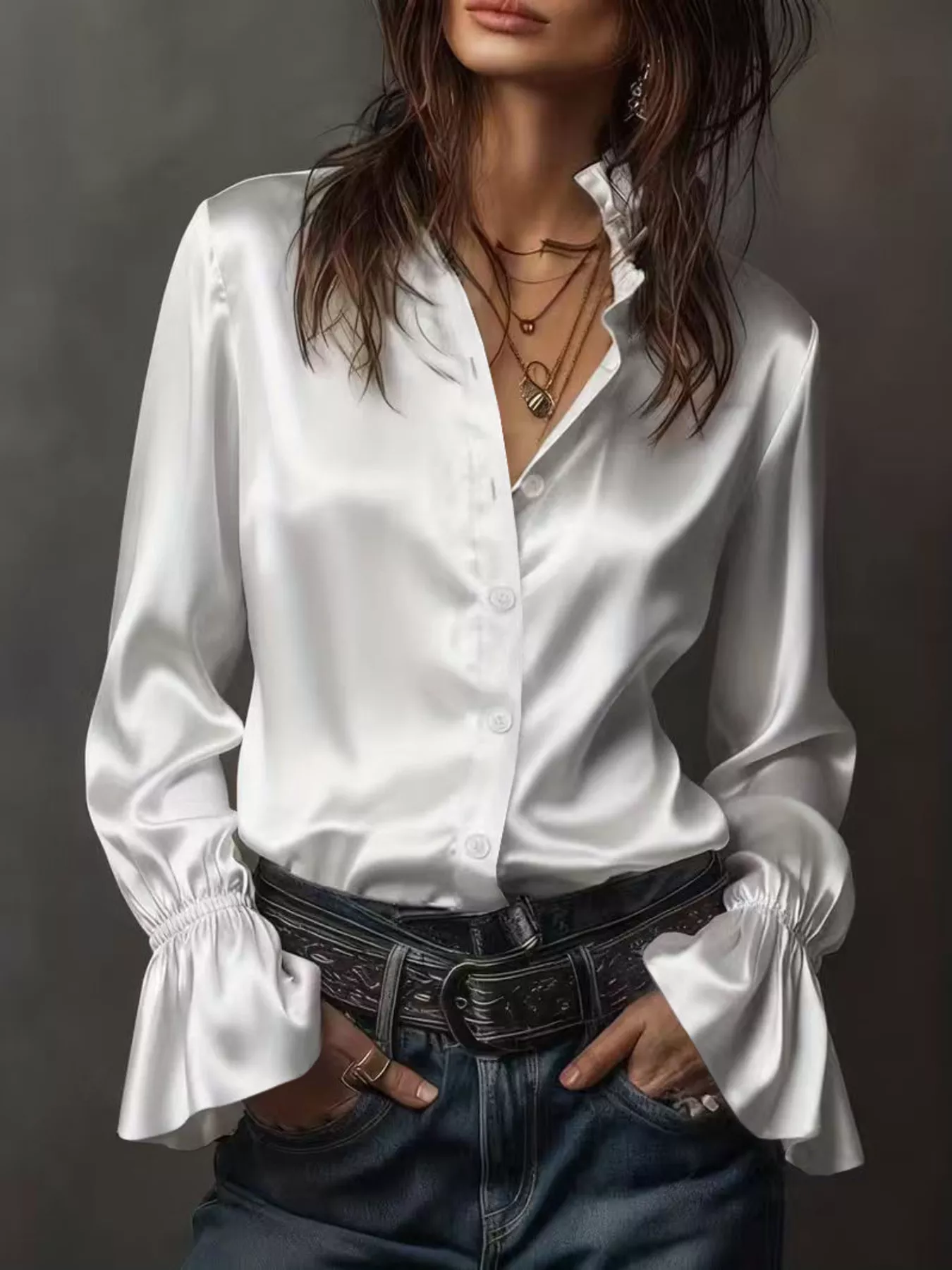 Button Up Flounce Sleeve Shirt - Image 10