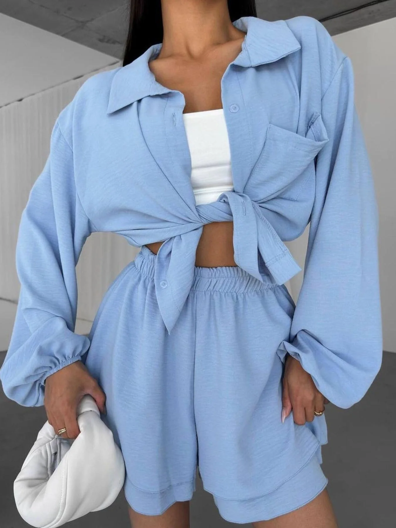 Button Up Long Sleeve Shirt and Shorts Set - Image 2