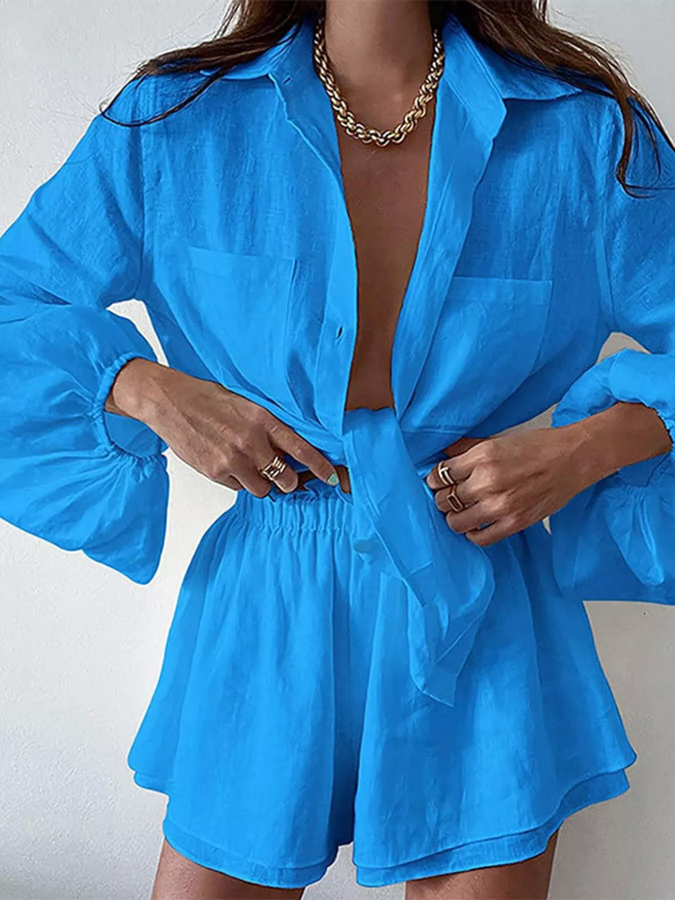 Button Up Long Sleeve Shirt and Shorts Set - Image 10