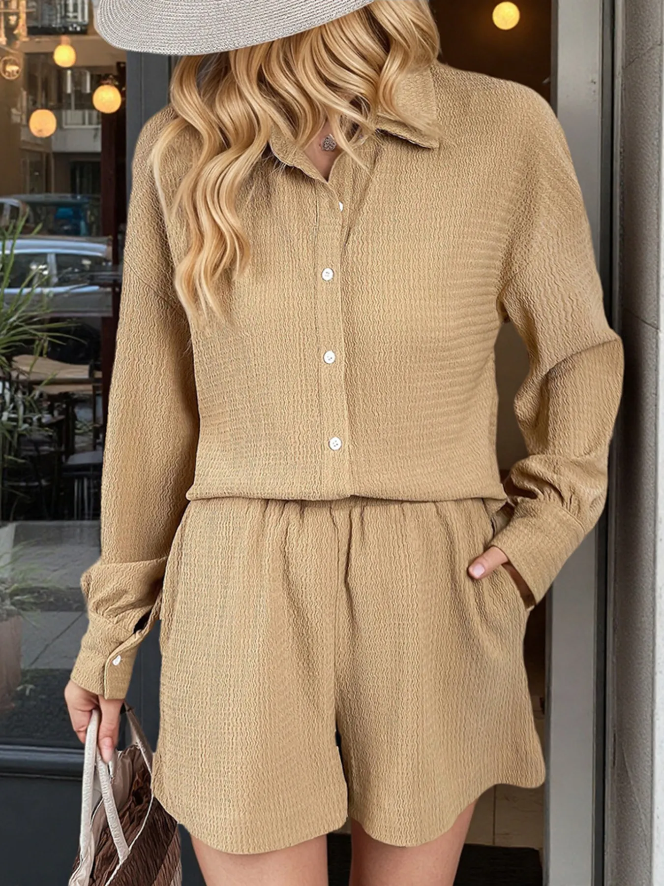 Button Up Long Sleeve Shirt and Shorts Set - Image 5