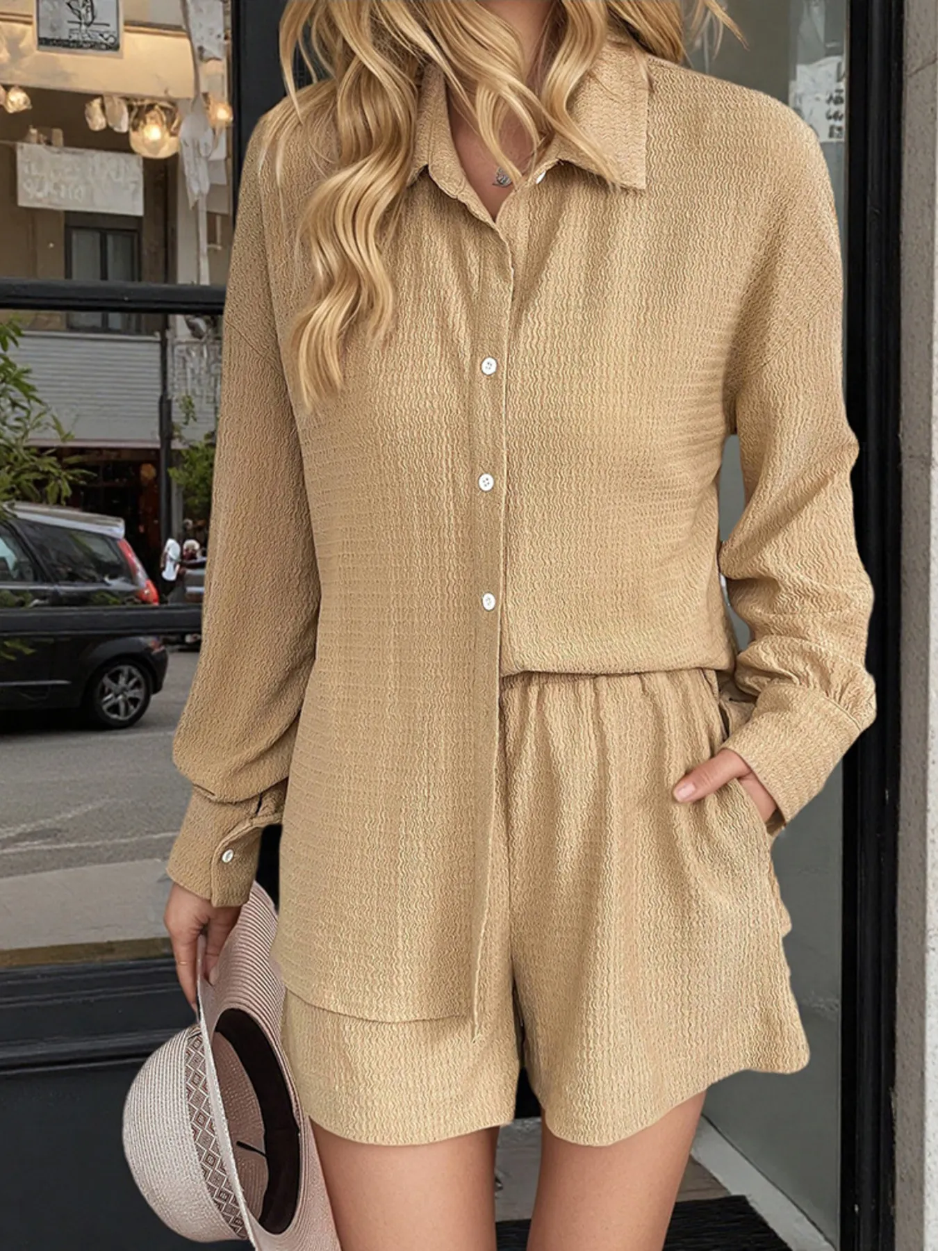 Button Up Long Sleeve Shirt and Shorts Set - Image 6