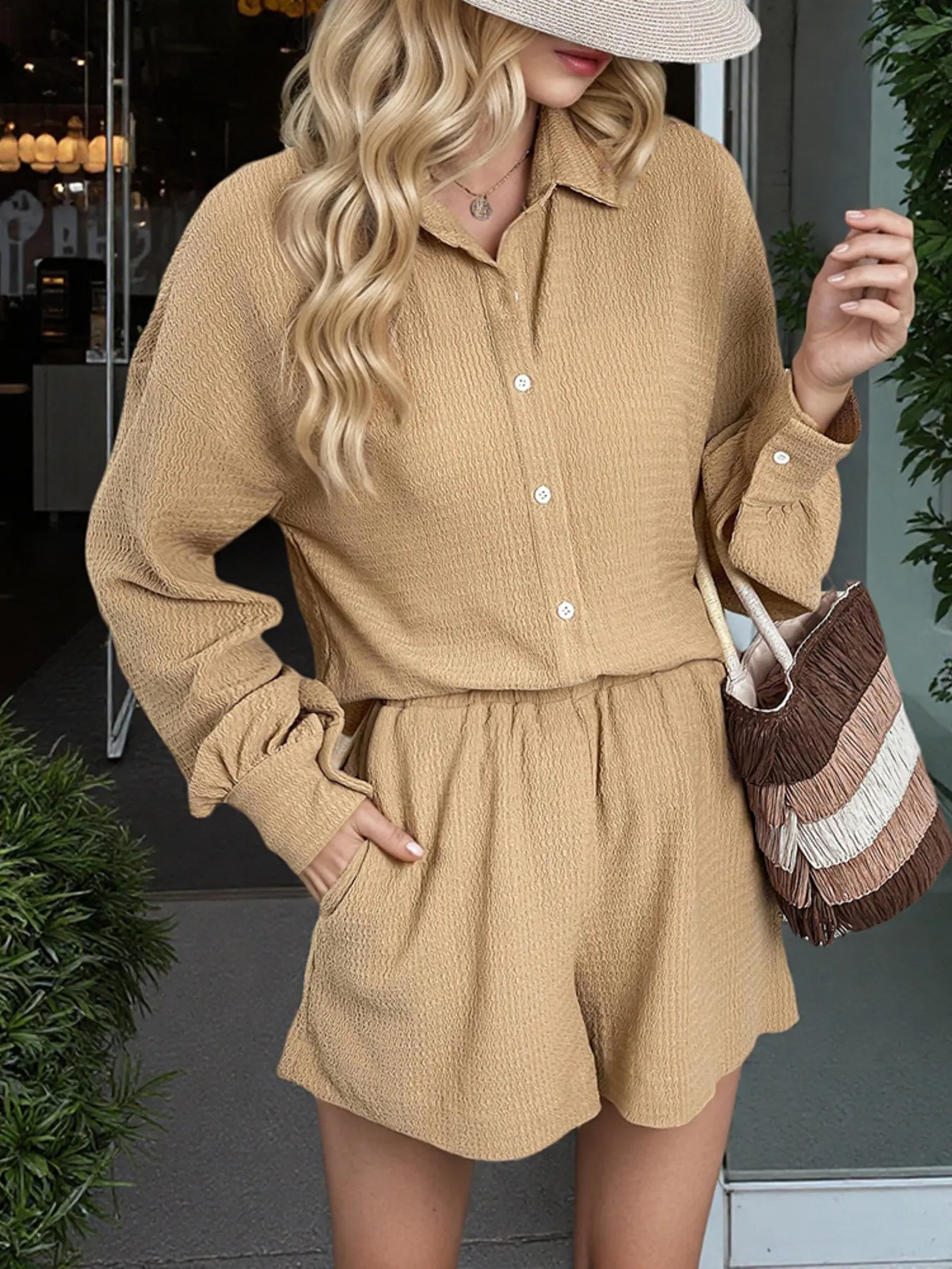 Button Up Long Sleeve Shirt and Shorts Set - Image 7