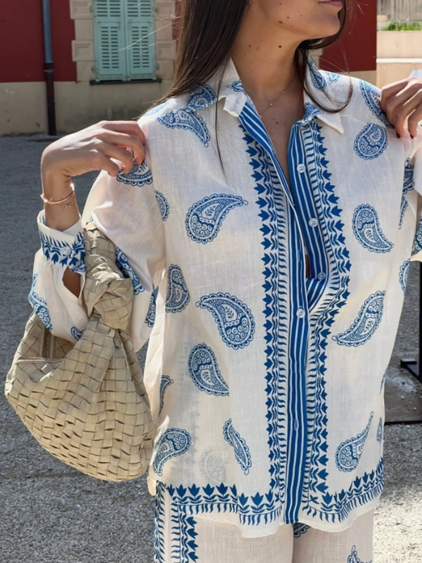 Button Up Printed Shirt and Pants Set - Image 3