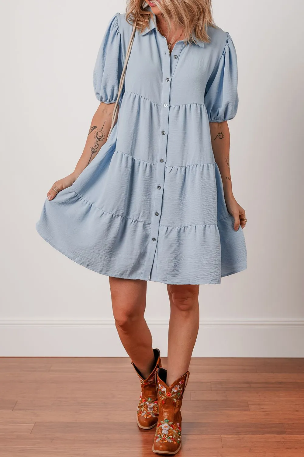 Button Up Puff Sleeve Tiered Shirt Dress - Image 8