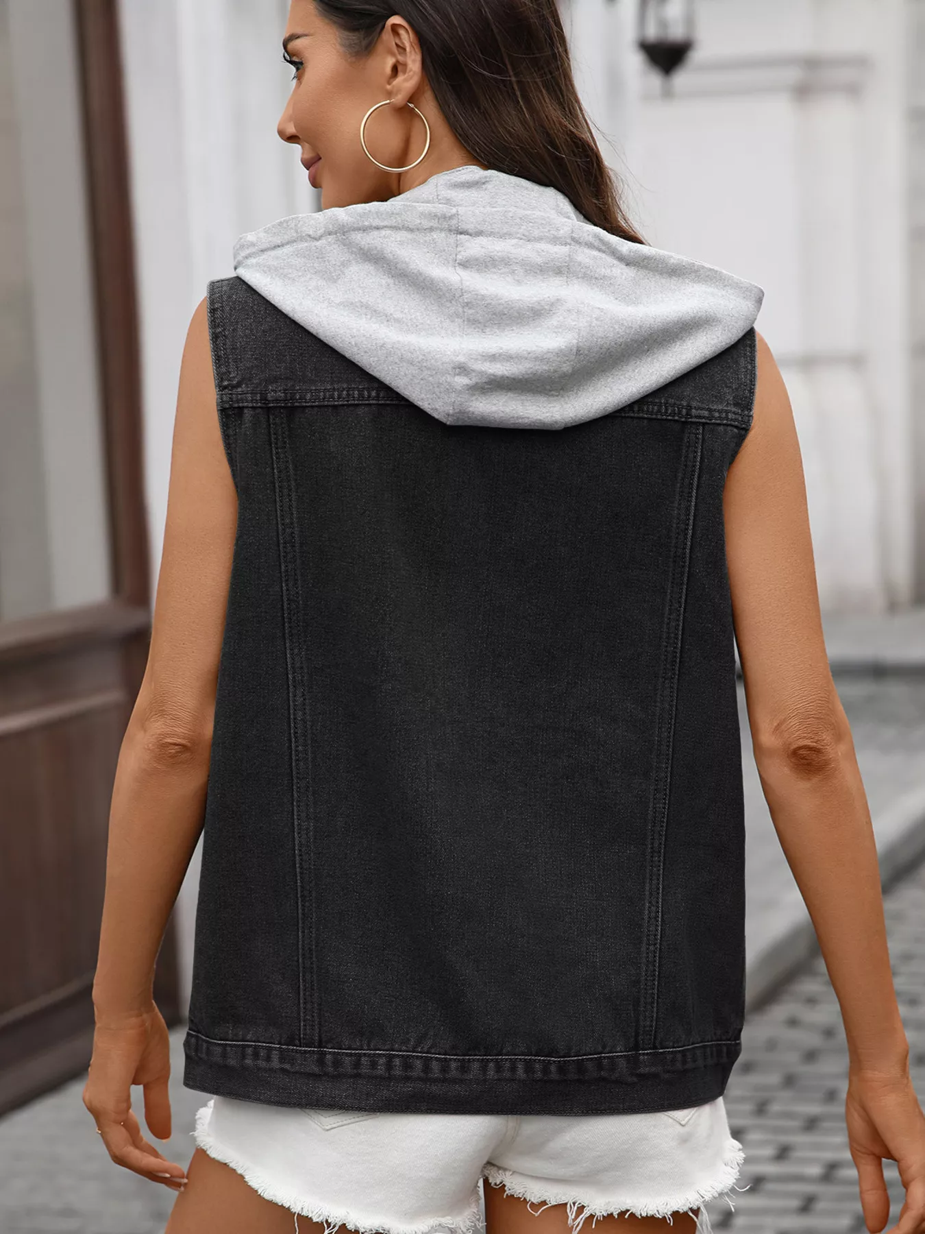 Button Up Removable Hooded Sleeveless Denim Jacket - Image 9