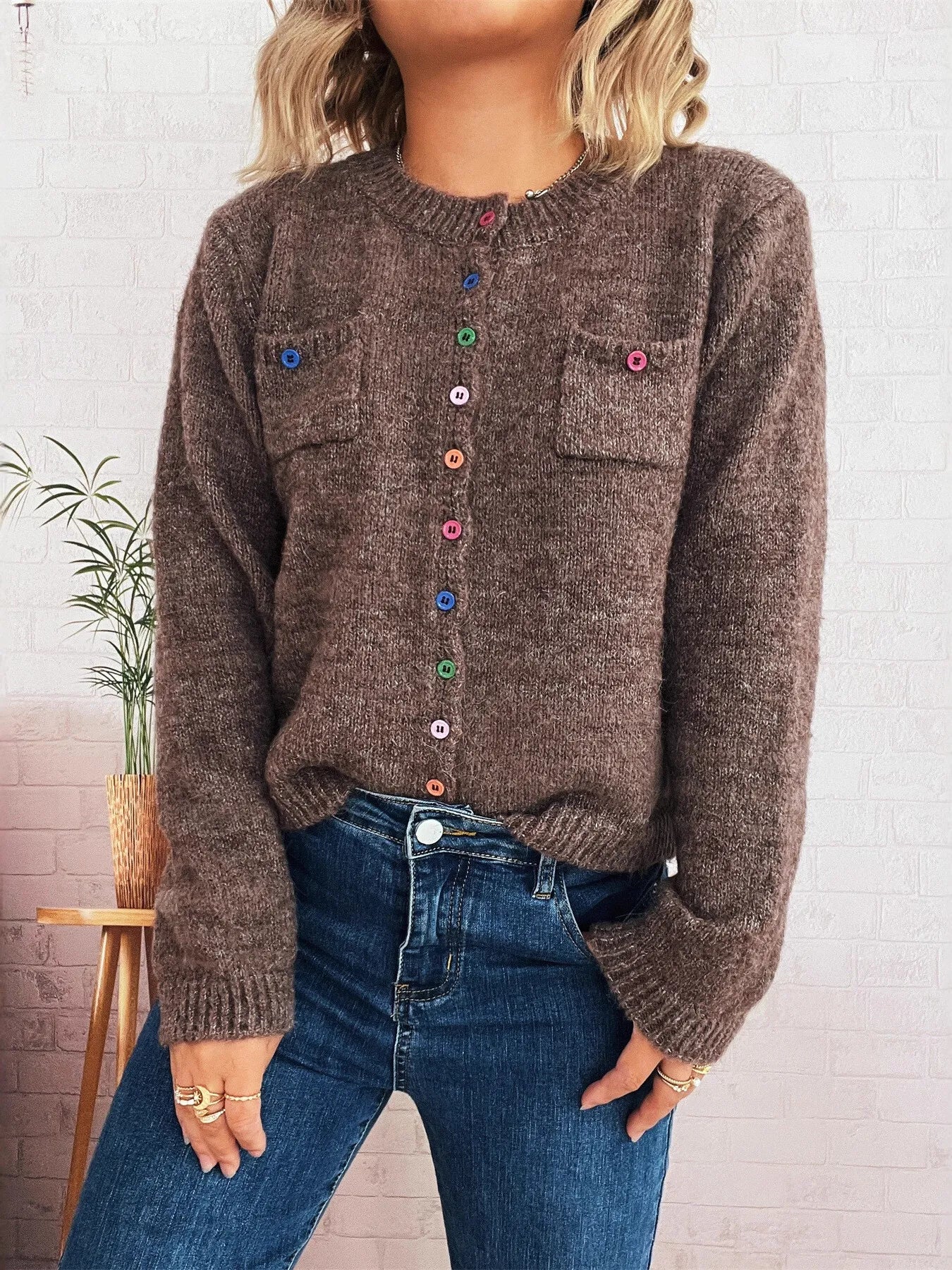 Button-Up Ribbed Hem Cardigan with Chest Pocket - Image 19