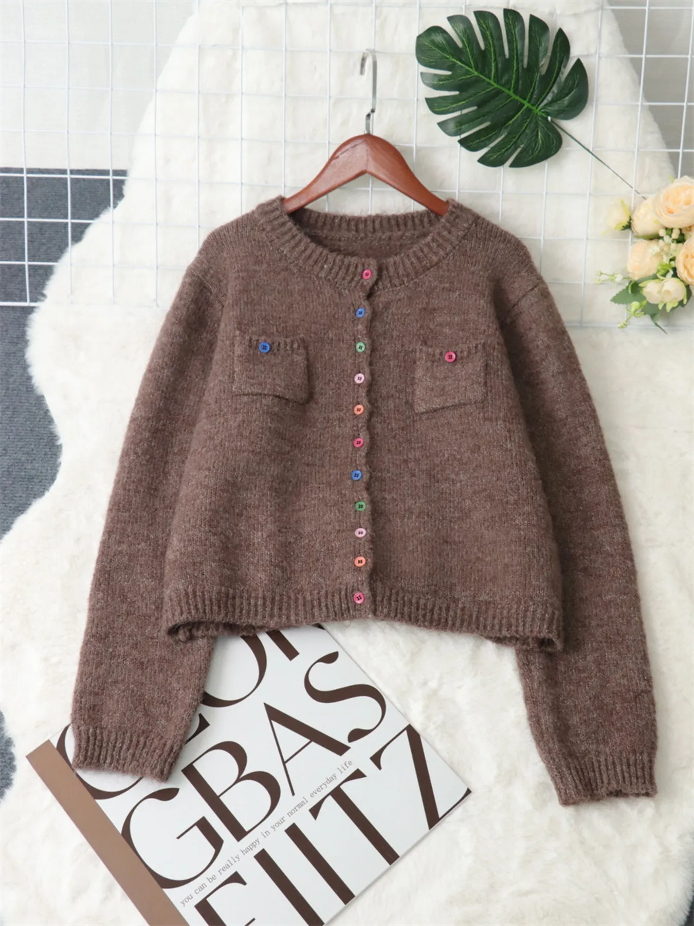 Button-Up Ribbed Hem Cardigan with Chest Pocket - Image 21