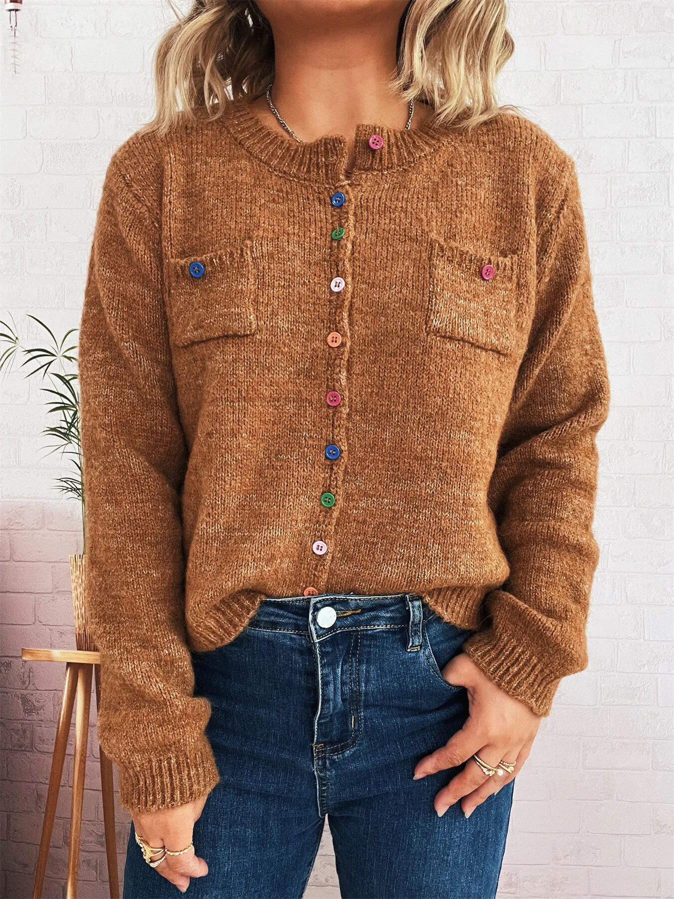 Button-Up Ribbed Hem Cardigan with Chest Pocket - Image 3