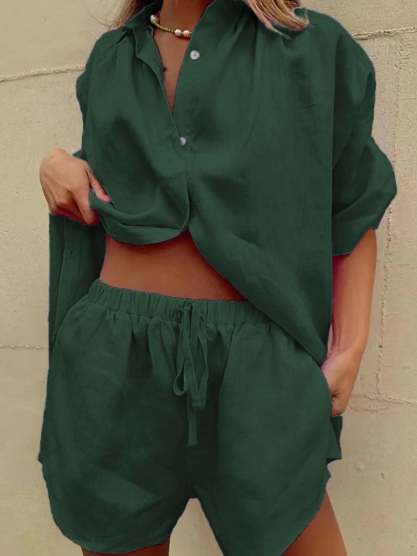 Button Up Shirt and Drawstring Shorts Set - Image 19