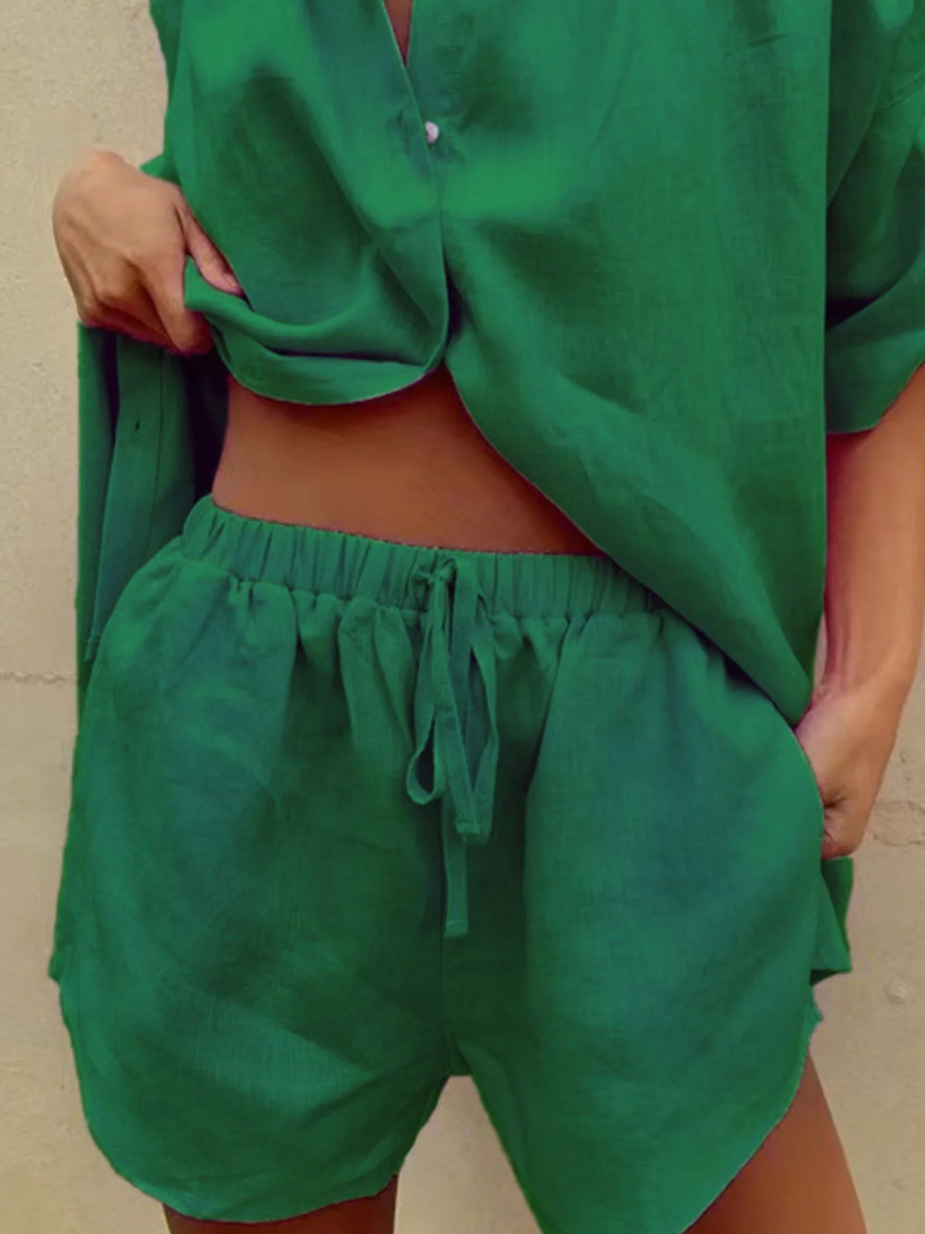 Button Up Shirt and Drawstring Shorts Set - Image 24