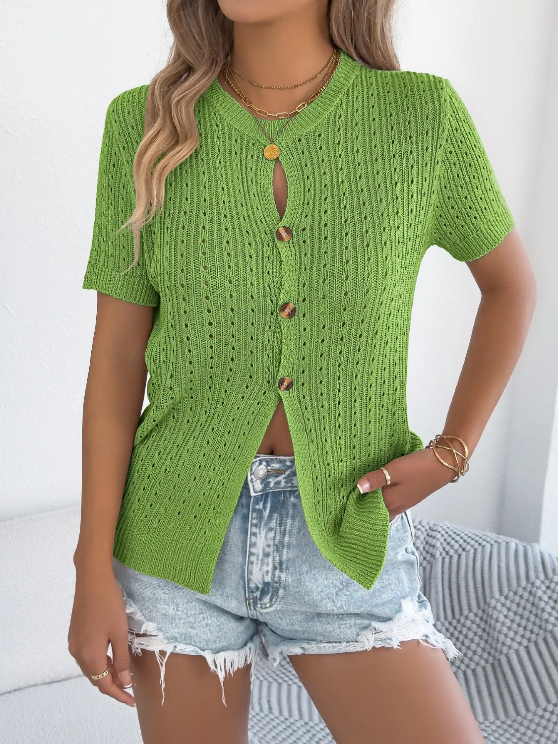 Button Up Short Sleeve Knit Cardigan - Image 3