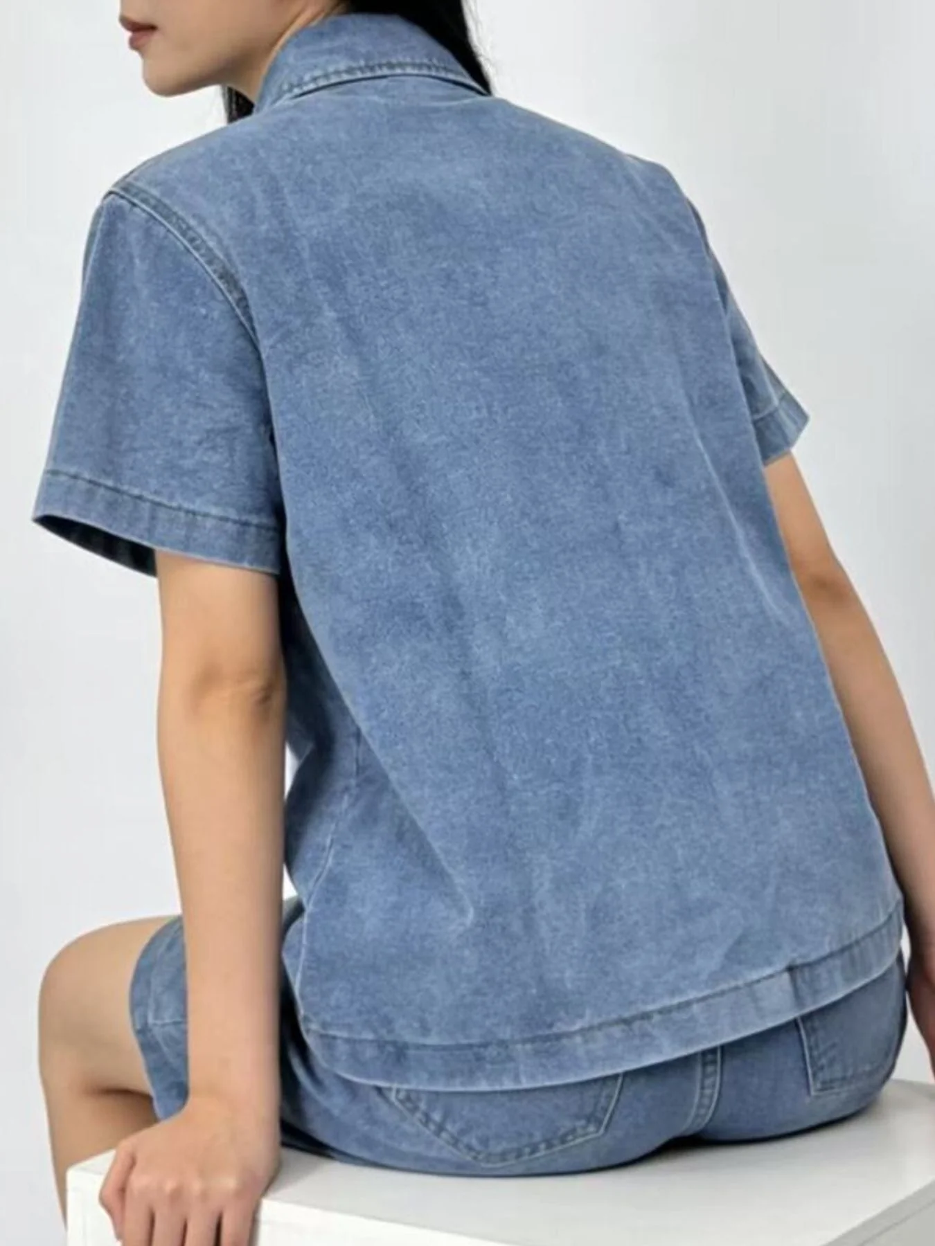 Button Up Short Sleeve Top and Shorts Denim Set - Image 6