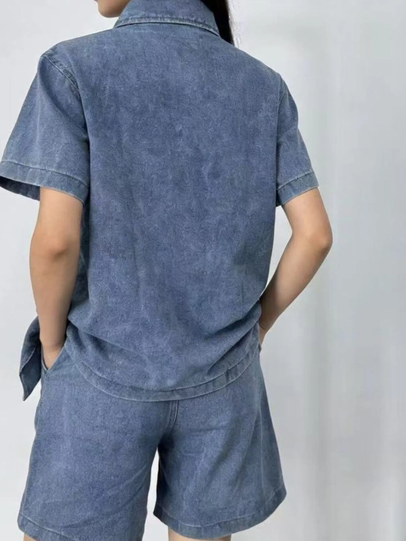 Button Up Short Sleeve Top and Shorts Denim Set - Image 7