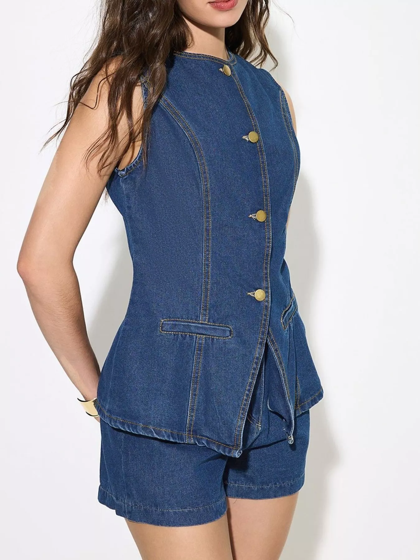 Button Up Sleeveless Denim Top and Shorts Set - Image 5