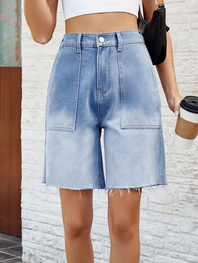 Buttoned Raw Hem Denim Shorts with Pockets - Image 3