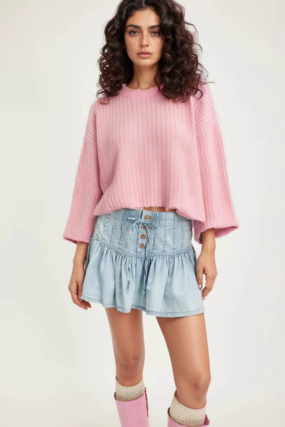 Buttoned Ruffled Mini Denim Skirt - Image 2