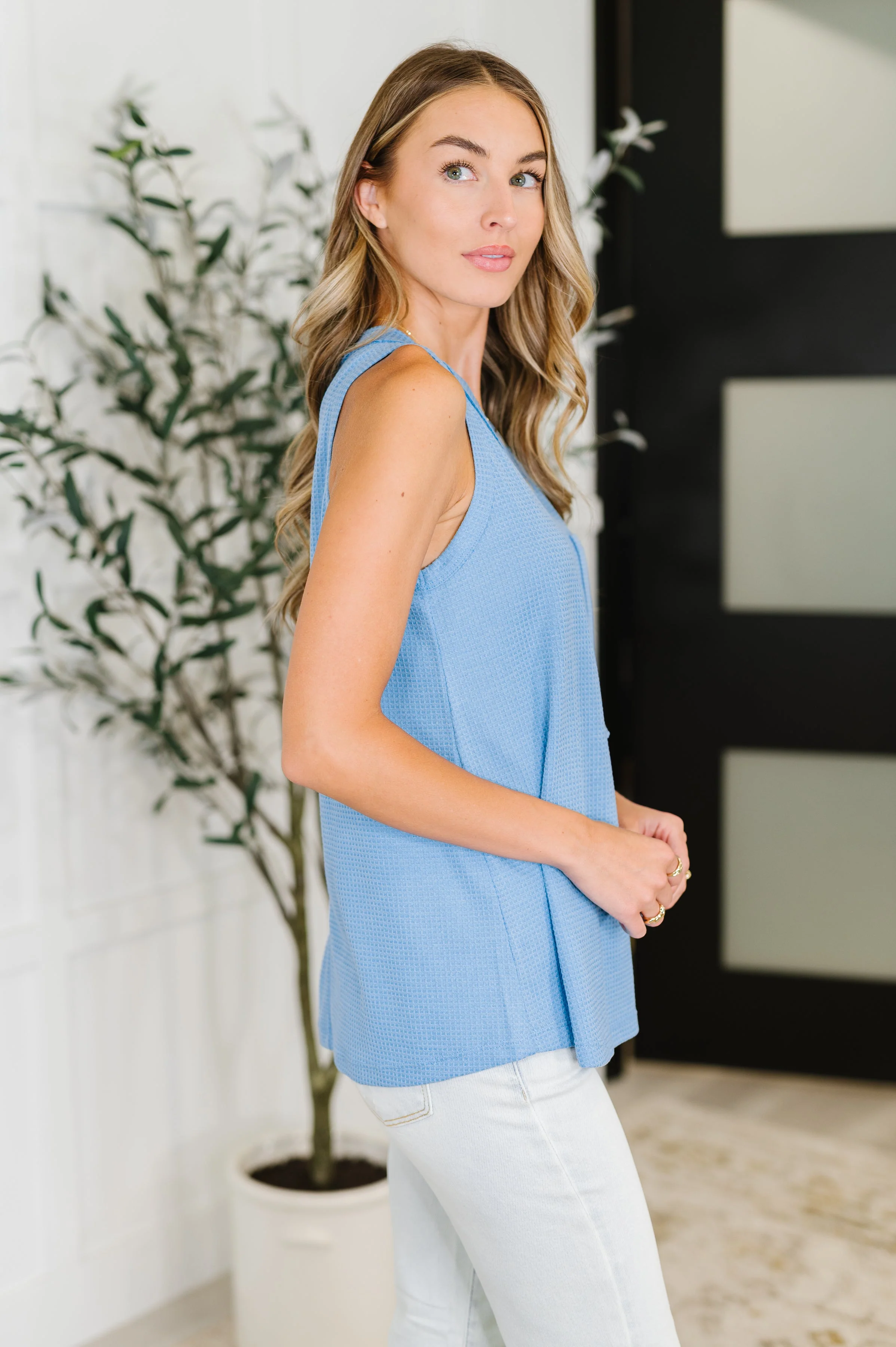Buttoned Up Buttercup Sleeveless Top in Ocean Blue - Image 5