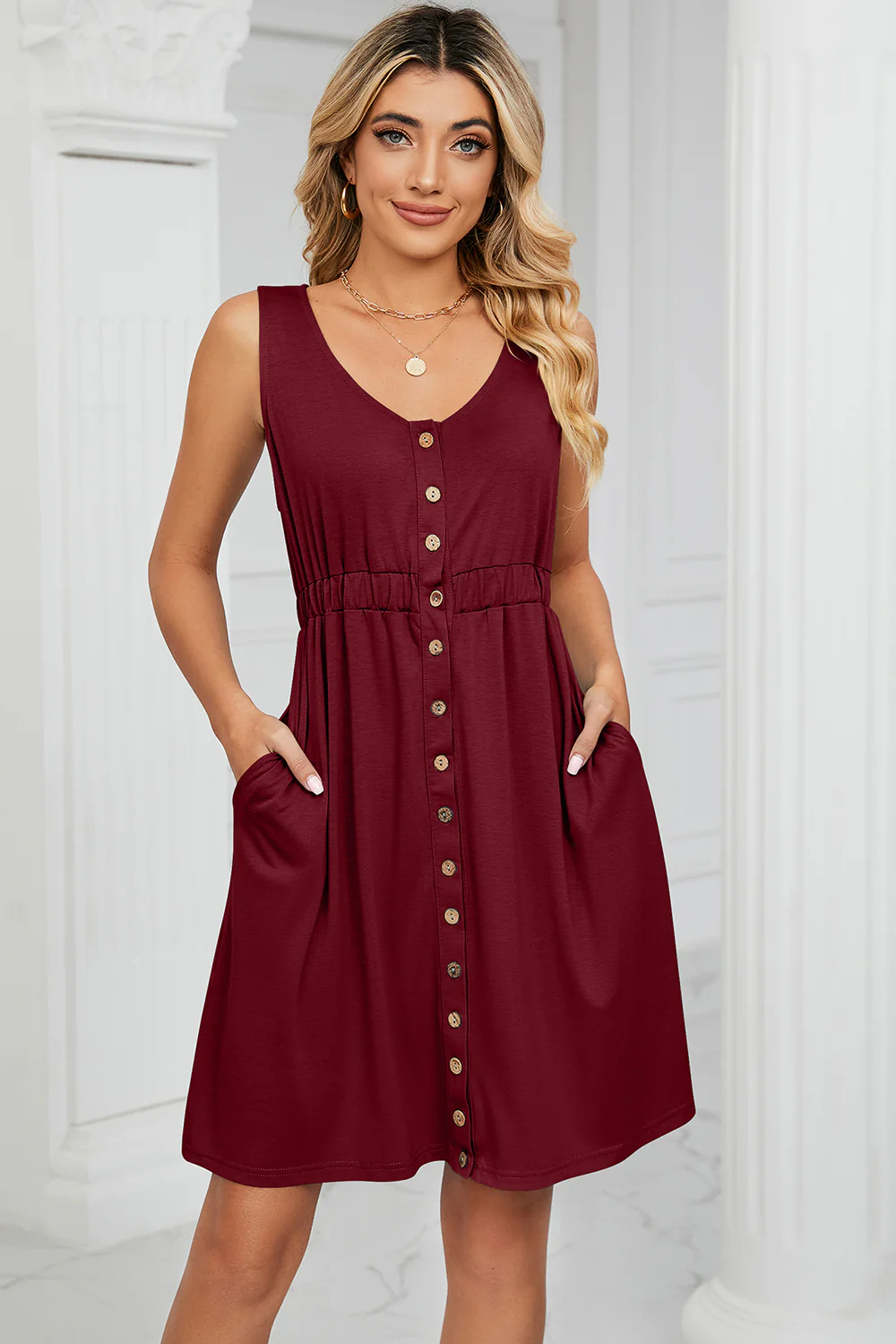 Buttoned Wide Strap Mini Dress - Image 6