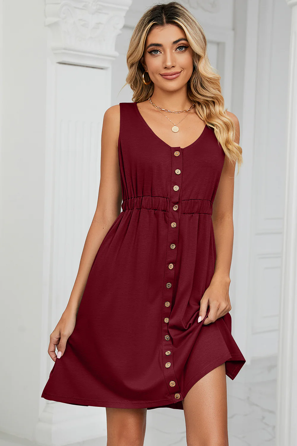 Buttoned Wide Strap Mini Dress - Image 7