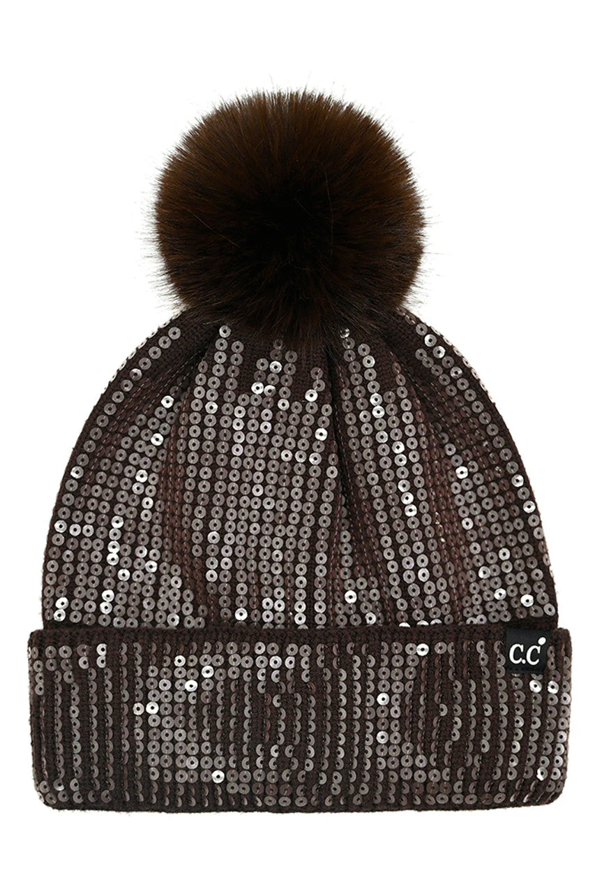 C.C All Over Clear Sequin Pom Beanie - Image 2
