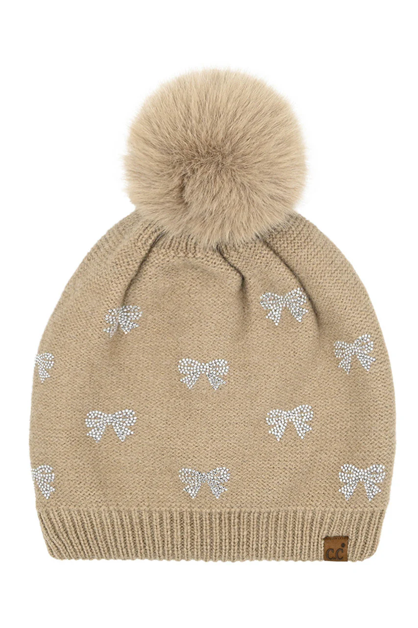 C.C Allover Rhinestone Mini Bow Pom Beanie - Image 6