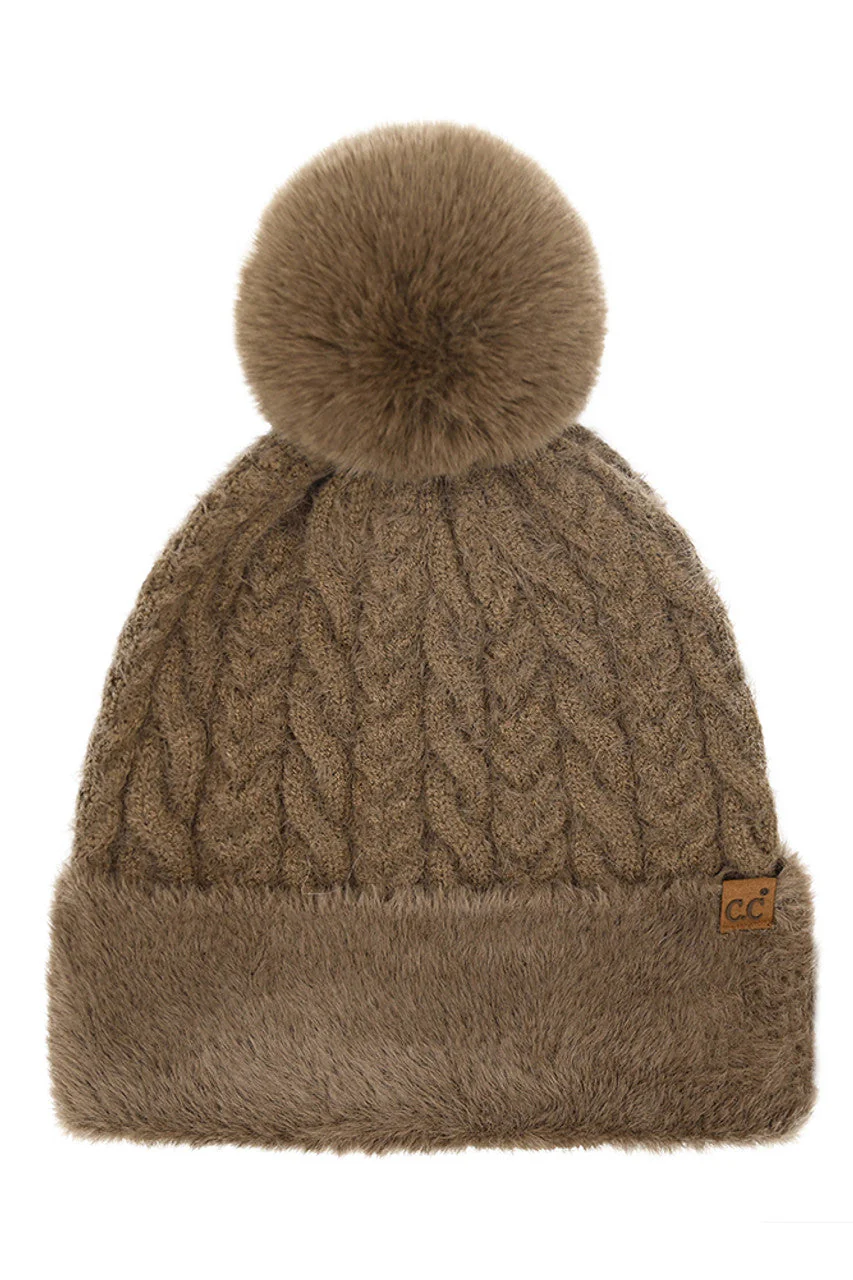 C.C Cable Knit Fur Cuff Pom Beanie - Image 3