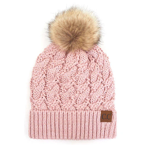 C.C Cable Ribbed Beanie Natural Plush Faux Fur Pom Pom Hat - Image 10