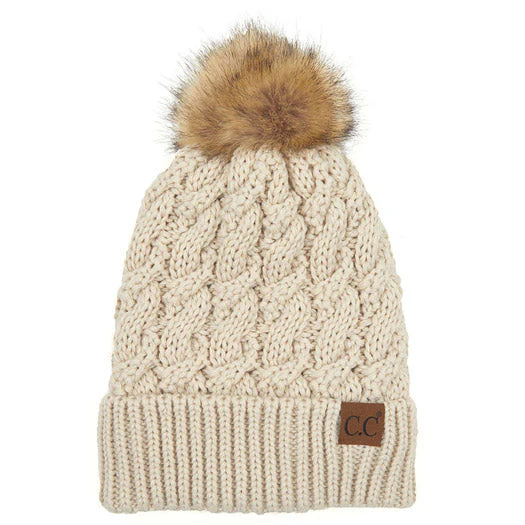 C.C Cable Ribbed Beanie Natural Plush Faux Fur Pom Pom Hat - Image 11