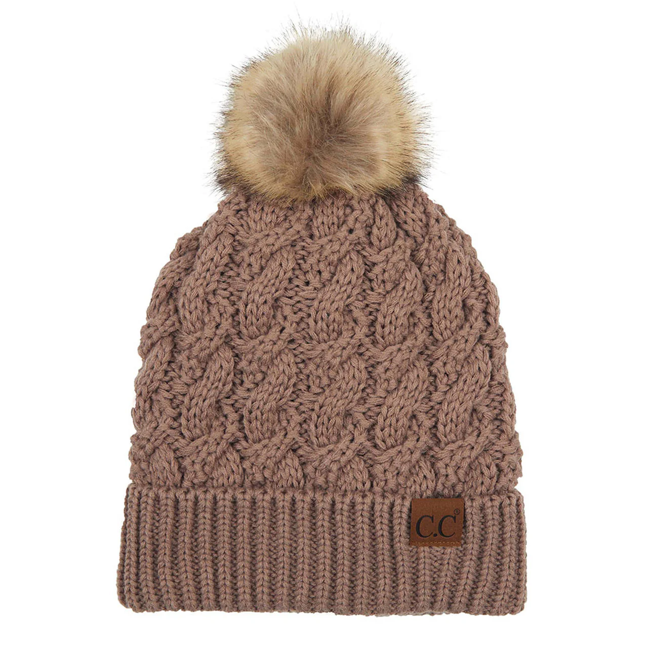 C.C Cable Ribbed Beanie Natural Plush Faux Fur Pom Pom Hat - Image 12