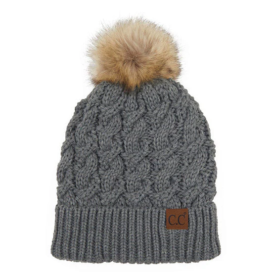 C.C Cable Ribbed Beanie Natural Plush Faux Fur Pom Pom Hat - Image 13